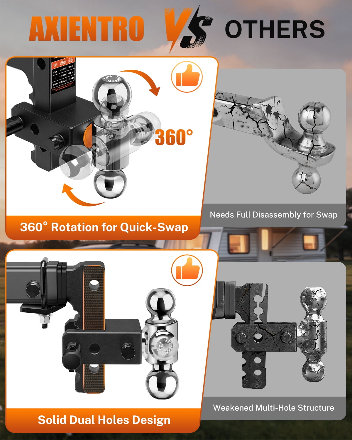 Axientro Adjustable Trailer Hitch Tri-Ball Mount Fits 2" Receiver, Triple Aluminum Balls, 6 inch Drop Rise Tow Hitch, 12,500 LBS GTW, Anti-theft Lock Pin
