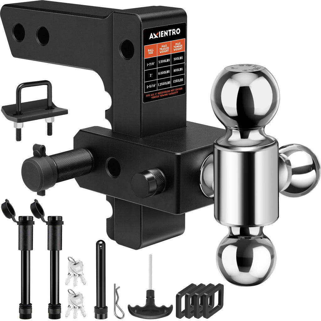 Adjustable Trailer Hitch, Triple Ball Tow Hitch Fits 2'' Receiver, 6‘’ Drop/Rise Truck Hitch, Max 12,500 LBS GTW, Aluminum Drop Hitch with Anti-Theft Lock Pin