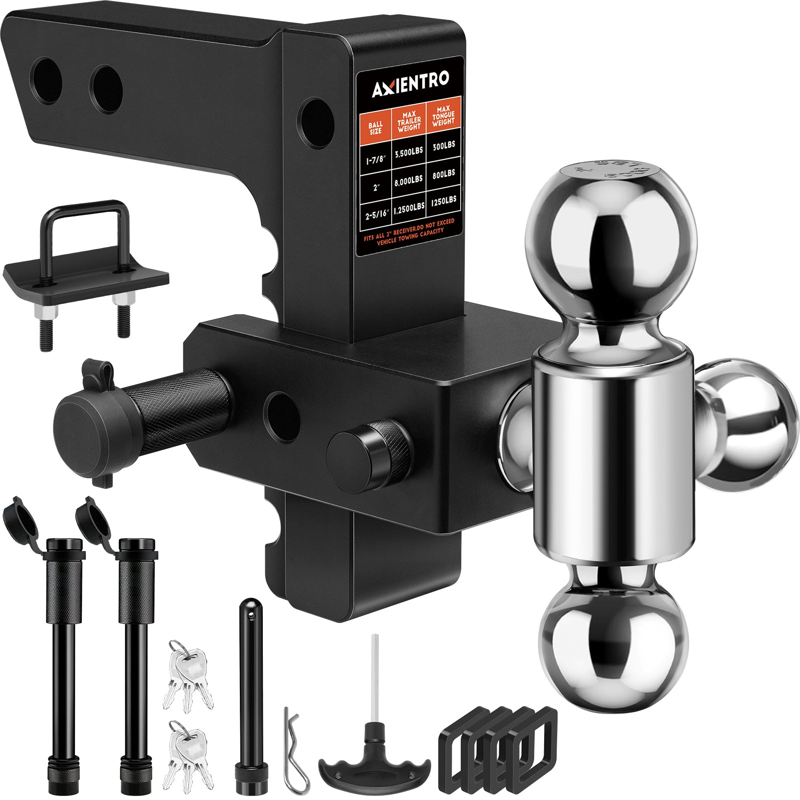 Adjustable Trailer Hitch, Triple Ball Tow Hitch Fits 2'' Receiver, 6‘’ Drop/Rise Truck Hitch, Max 12,500 LBS GTW, Aluminum Drop Hitch with Anti-Theft Lock Pin