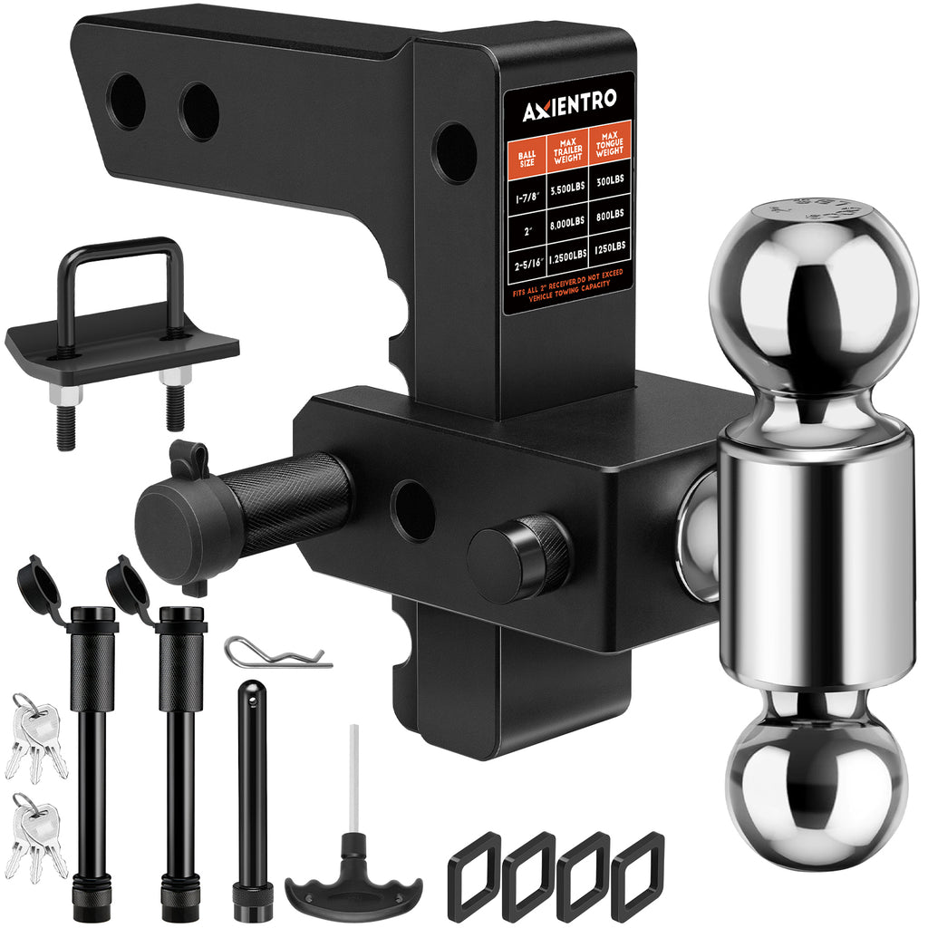 Adjustable Trailer Hitch, Dual Ball Tow Hitch Fits 2'' Receiver, 6‘’ Drop/Rise Truck Hitch, Max 12,500 LBS GTW, Aluminum Drop Hitch with Anti-Theft Lock Pin