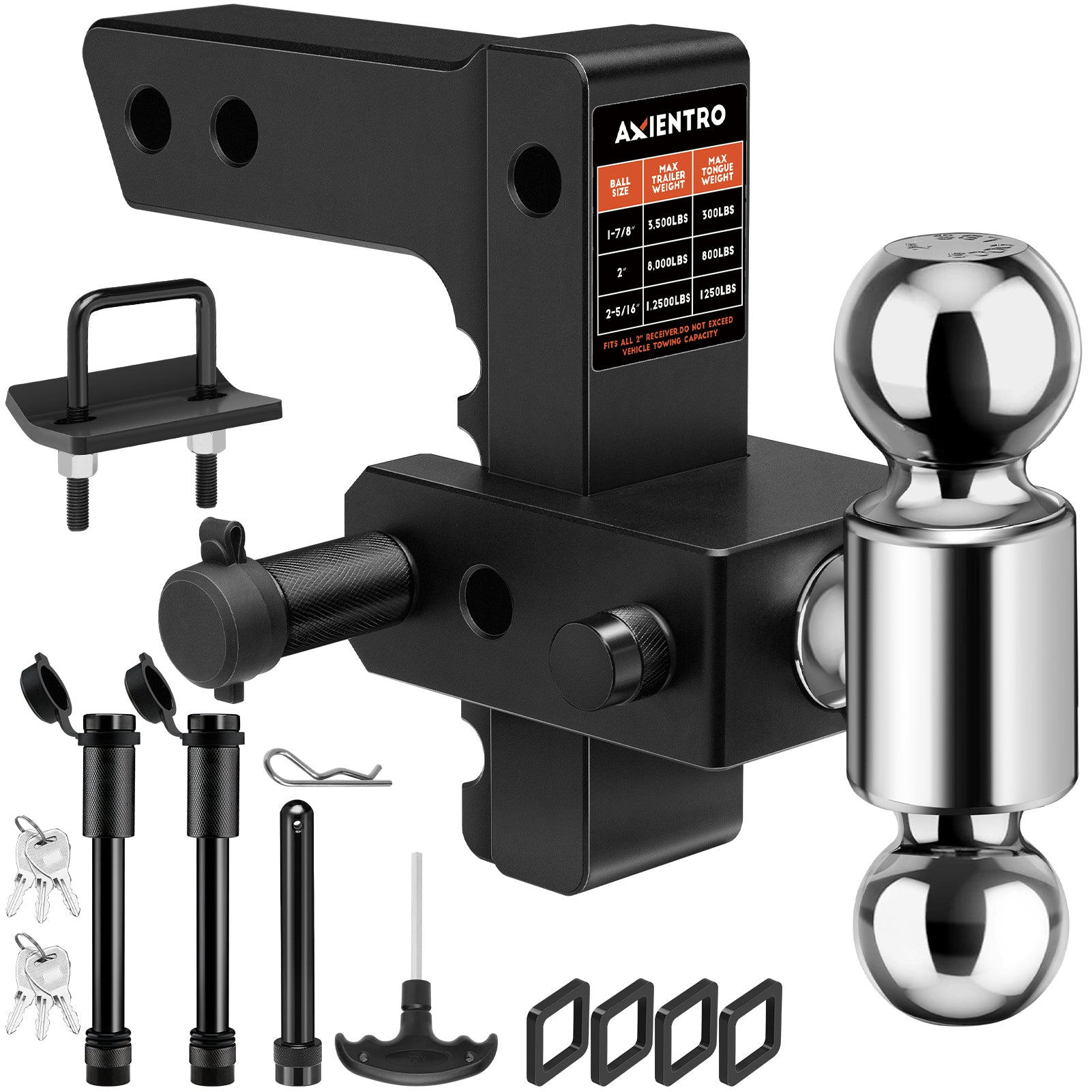 Adjustable Trailer Hitch, Dual Ball Tow Hitch Fits 2'' Receiver, 6‘’ Drop/Rise Truck Hitch, Max 12,500 LBS GTW, Aluminum Drop Hitch with Anti-Theft Lock Pin