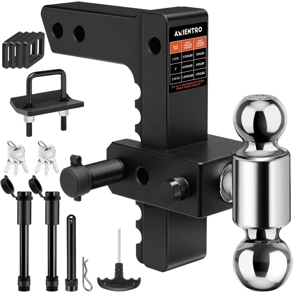 Adjustable Trailer Hitch, Dual Ball Tow Hitch Fits 2'' Receiver, 8‘’ Drop/Rise Truck Hitch, Max 12,500 LBS GTW, Aluminum Drop Hitch with Anti-Theft Lock Pin