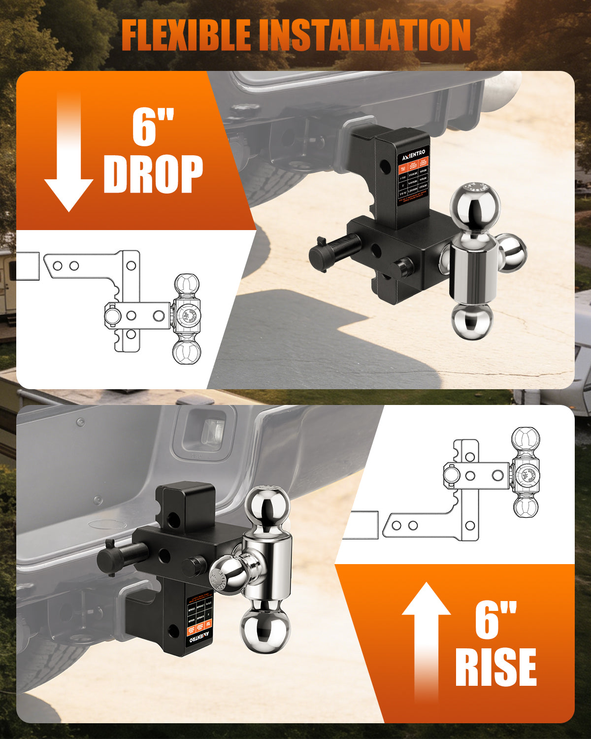 Adjustable Trailer Hitch, Triple Ball Tow Hitch Fits 2'' Receiver, 6‘’ Drop/Rise Truck Hitch, Max 12,500 LBS GTW, Aluminum Drop Hitch with Anti-Theft Lock Pin