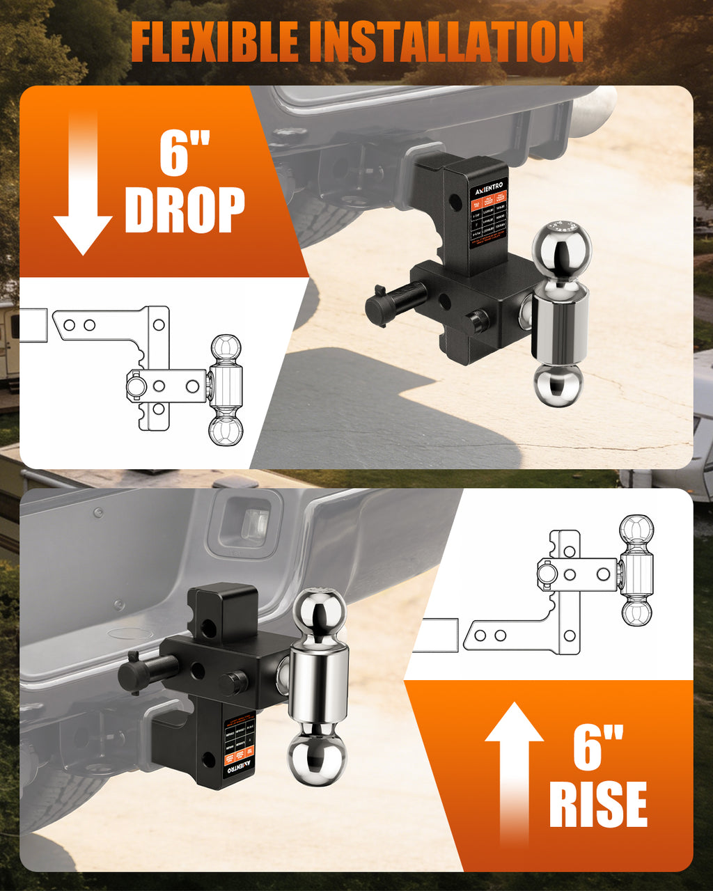 Adjustable Trailer Hitch, Dual Ball Tow Hitch Fits 2'' Receiver, 6‘’ Drop/Rise Truck Hitch, Max 12,500 LBS GTW, Aluminum Drop Hitch with Anti-Theft Lock Pin