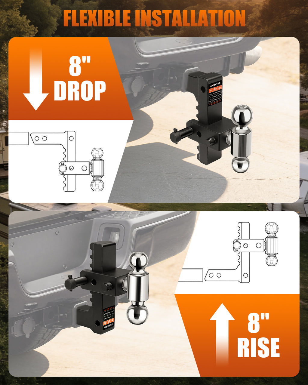 Adjustable Trailer Hitch, Dual Ball Tow Hitch Fits 2'' Receiver, 8‘’ Drop/Rise Truck Hitch, Max 12,500 LBS GTW, Aluminum Drop Hitch with Anti-Theft Lock Pin