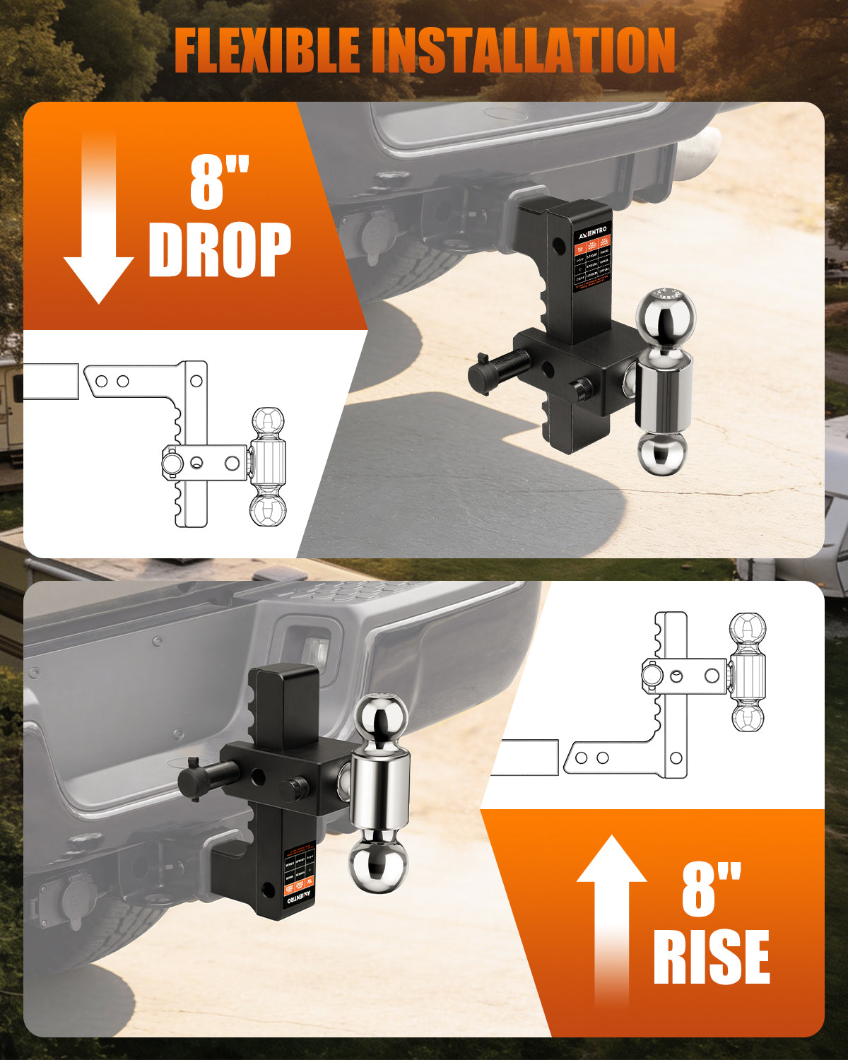 Adjustable Trailer Hitch, Dual Ball Tow Hitch Fits 2'' Receiver, 8‘’ Drop/Rise Truck Hitch, Max 12,500 LBS GTW, Aluminum Drop Hitch with Anti-Theft Lock Pin