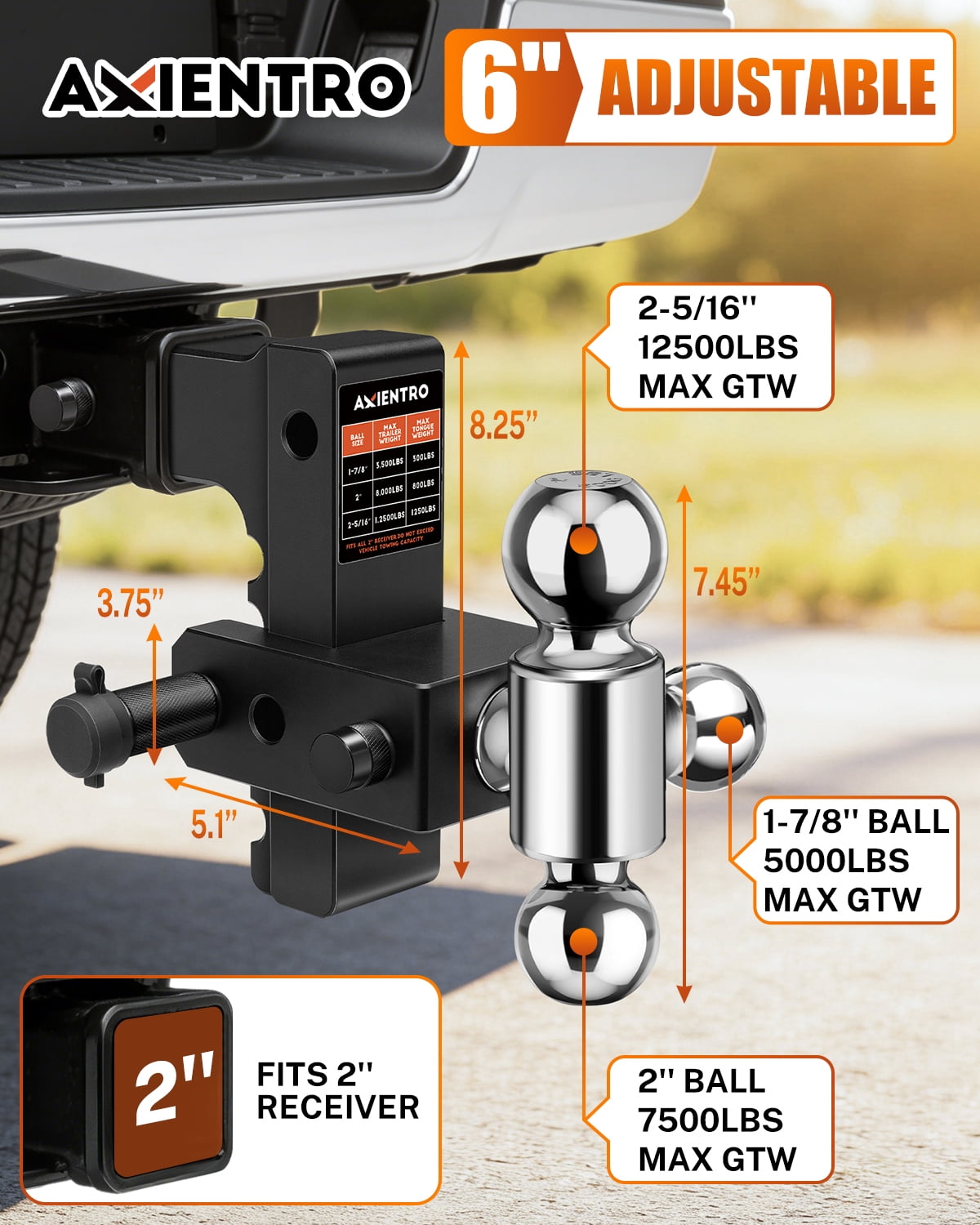 Axientro Adjustable Trailer Hitch Tri-Ball Mount Fits 2" Receiver, Triple Aluminum Balls, 6 inch Drop Rise Tow Hitch, 12,500 LBS GTW, Anti-theft Lock Pin