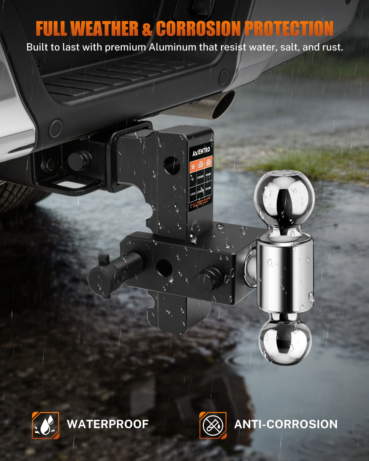 Axientro Adjustable Trailer Hitch Fits 2" Receiver, 6 inch Drop Rise Ball Mount, Dual Balls Tow Hitch, 12,500 LBS GTW, Anti-theft Lock Pin for Truck