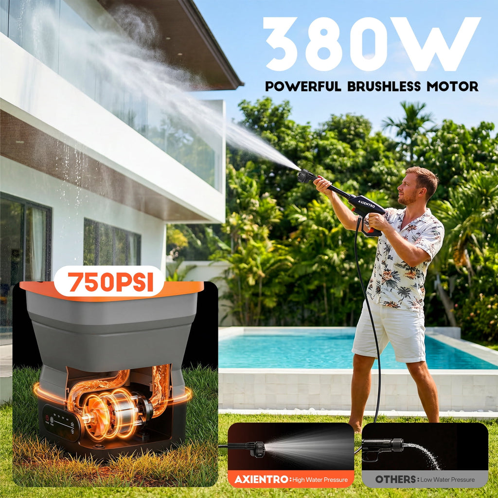 Axientro Portable Cordless Pressure Washer, 750 PSI Power Cleaner with 4.2 Gal Tank, 2x 4.0Ah Batteries & 6-in-1 Nozzle for Car, Patio, Camping, Pet