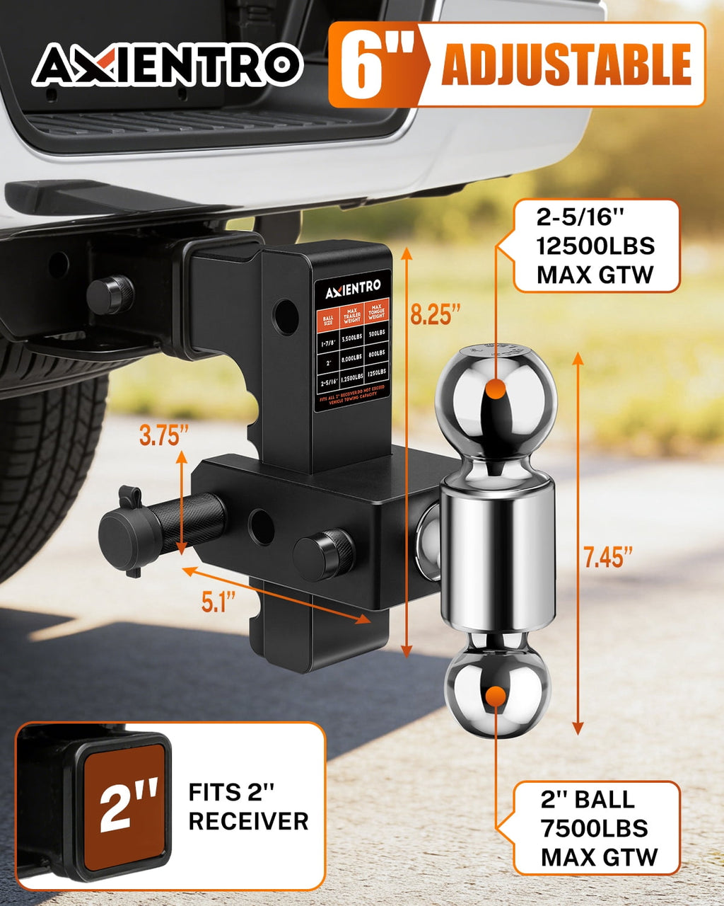 Axientro Adjustable Trailer Hitch Fits 2" Receiver, 6 inch Drop Rise Ball Mount, Dual Balls Tow Hitch, 12,500 LBS GTW, Anti-theft Lock Pin for Truck