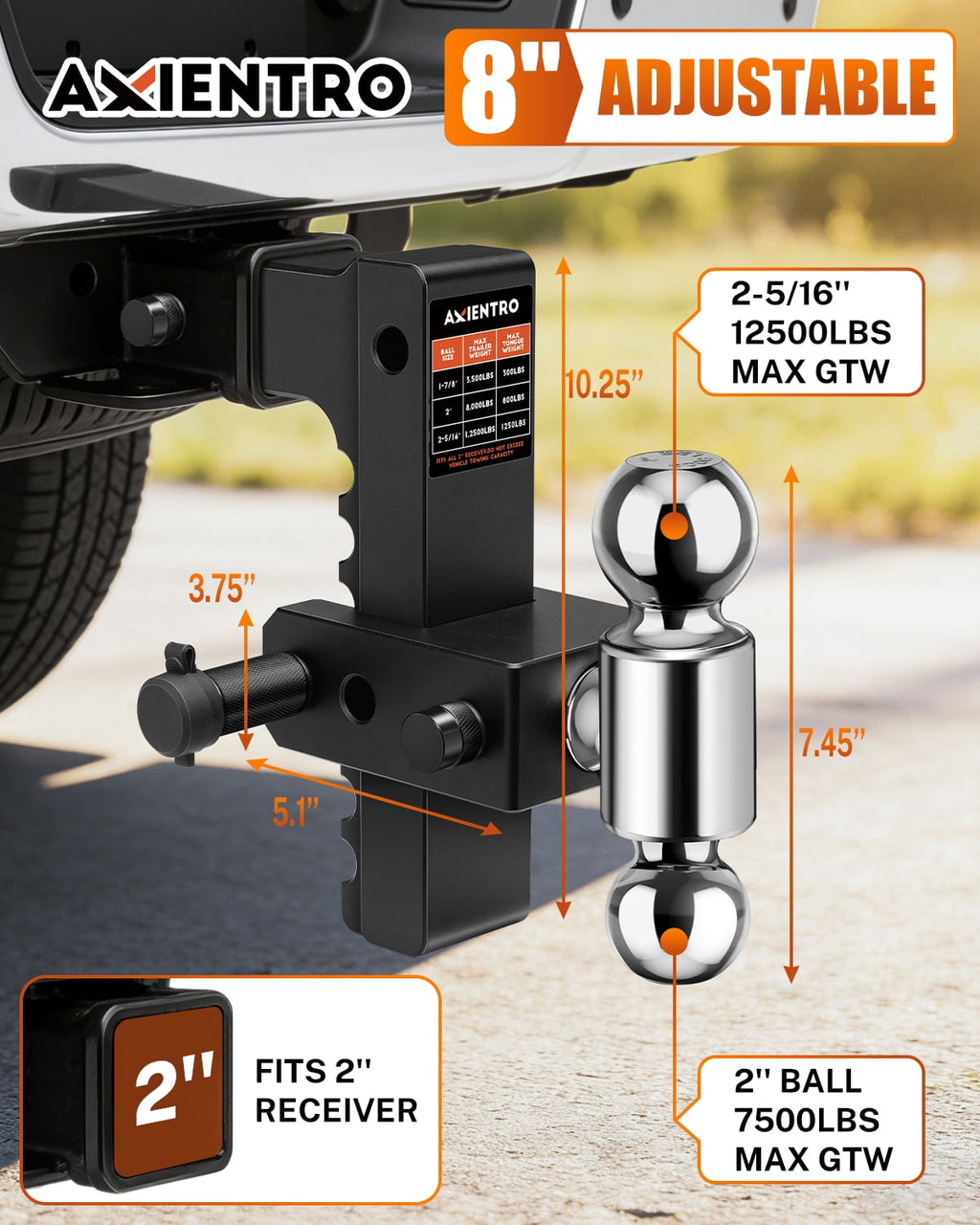 Axientro Adjustable Trailer Hitch Fits 2" Receiver, 8 inch Drop Rise Ball Mount, Dual Balls Tow Hitch, 12,500 LBS GTW, Anti-theft Lock Pin for Truck
