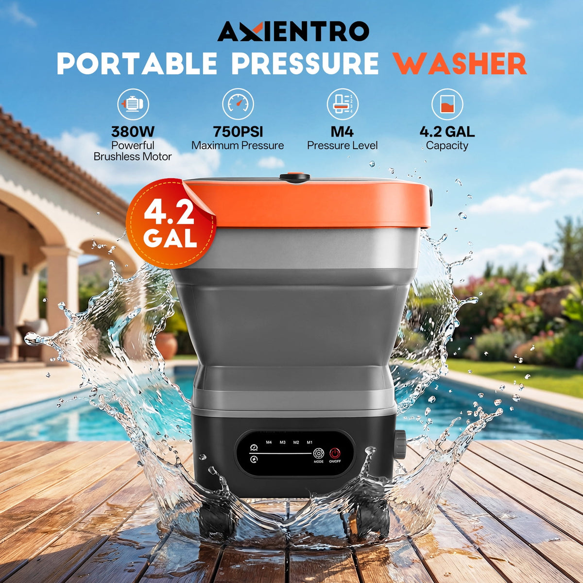 Axientro Portable Cordless Pressure Washer, 750 PSI Power Cleaner with 4.2 Gal Tank, 2x 4.0Ah Batteries & 6-in-1 Nozzle for Car, Patio, Camping, Pet