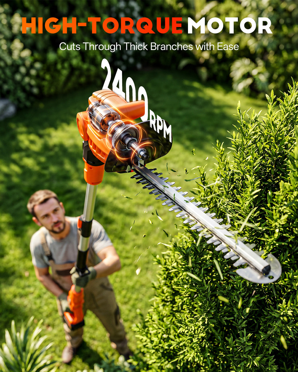 Axientro 23 in Cordless Pole Hedge Trimmer, 14ft Max Reach Extendable Electric Shrub Cutter with Dual 4.0Ah Batteries for Patio Shrubs & Trees