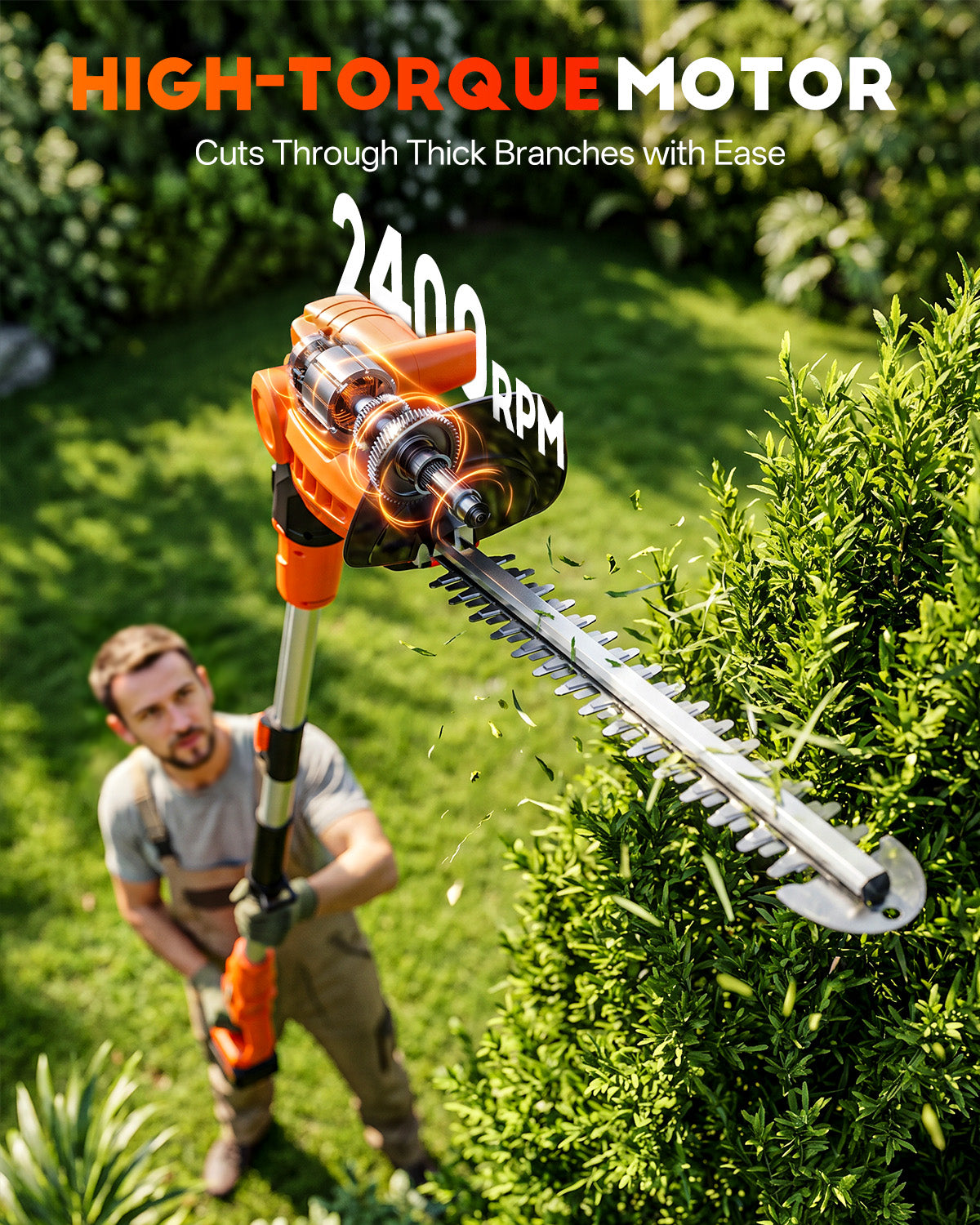 Axientro 23 in Cordless Pole Hedge Trimmer, 14ft Max Reach Extendable Electric Shrub Cutter with Dual 4.0Ah Batteries for Patio Shrubs & Trees
