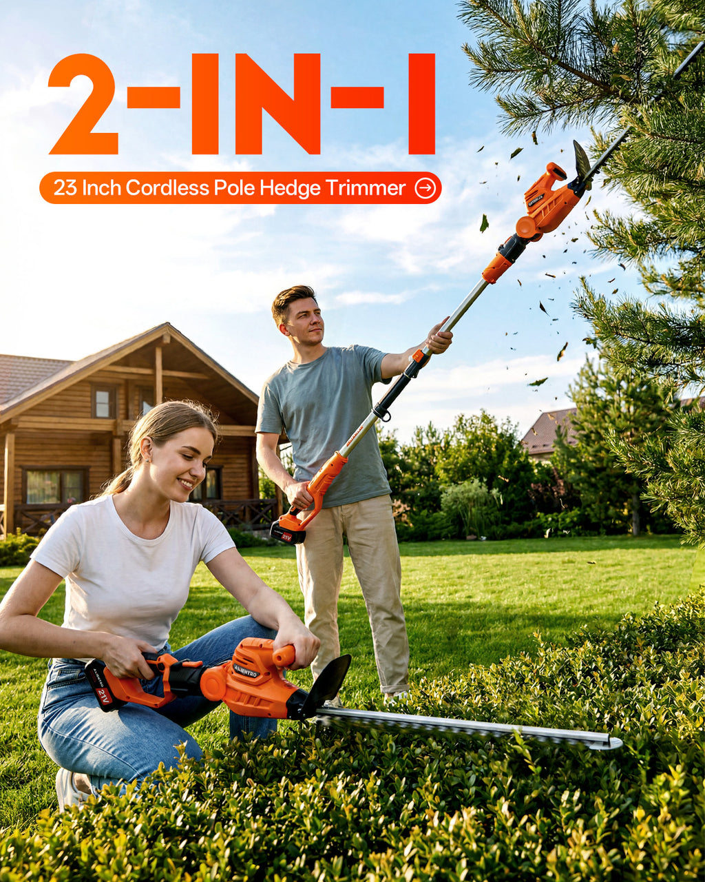 Axientro 23 in Cordless Pole Hedge Trimmer, 14ft Max Reach Extendable Electric Shrub Cutter with Dual 4.0Ah Batteries for Patio Shrubs & Trees