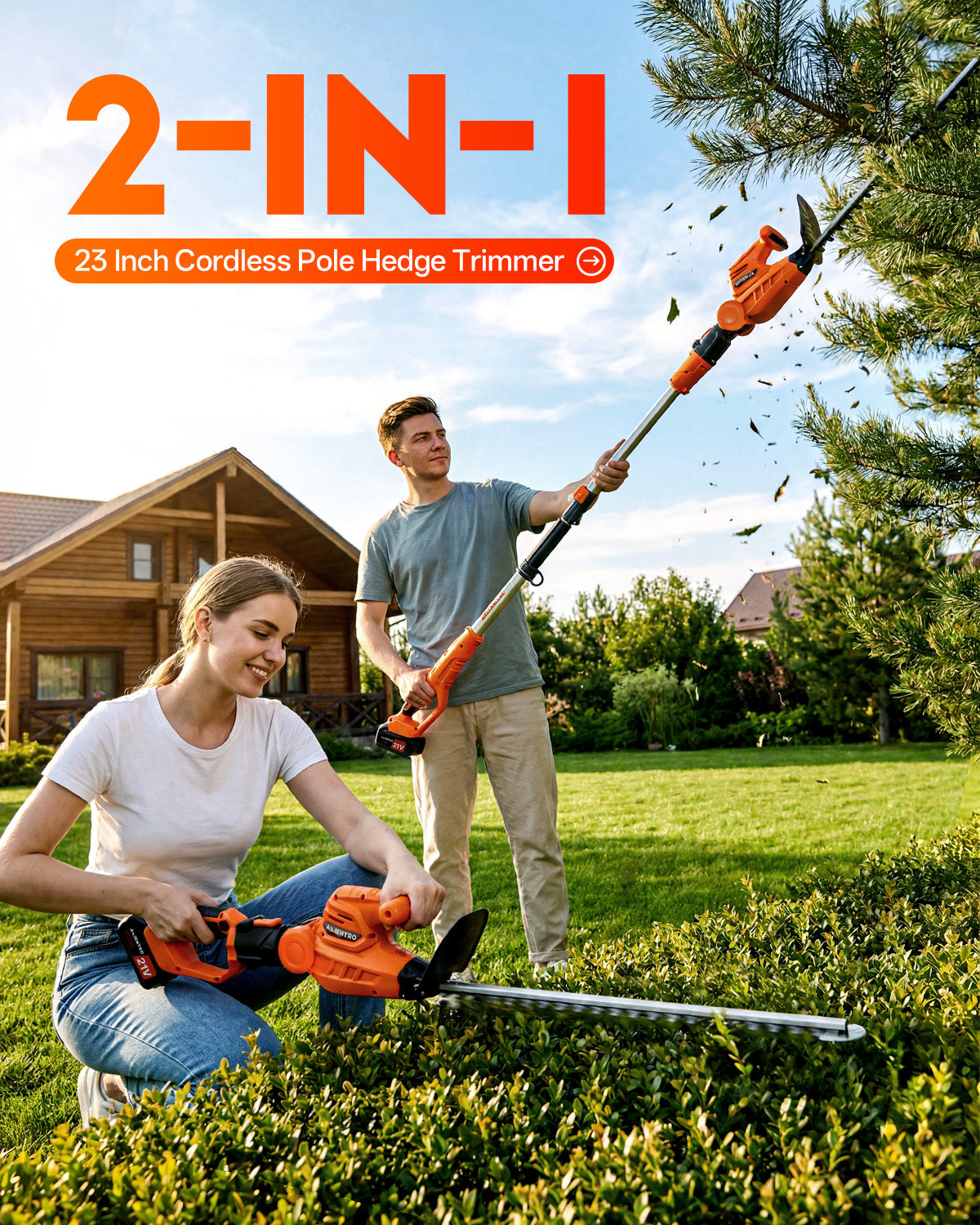 Axientro 23 in Cordless Pole Hedge Trimmer, 14ft Max Reach Extendable Electric Shrub Cutter with Dual 4.0Ah Batteries for Patio Shrubs & Trees