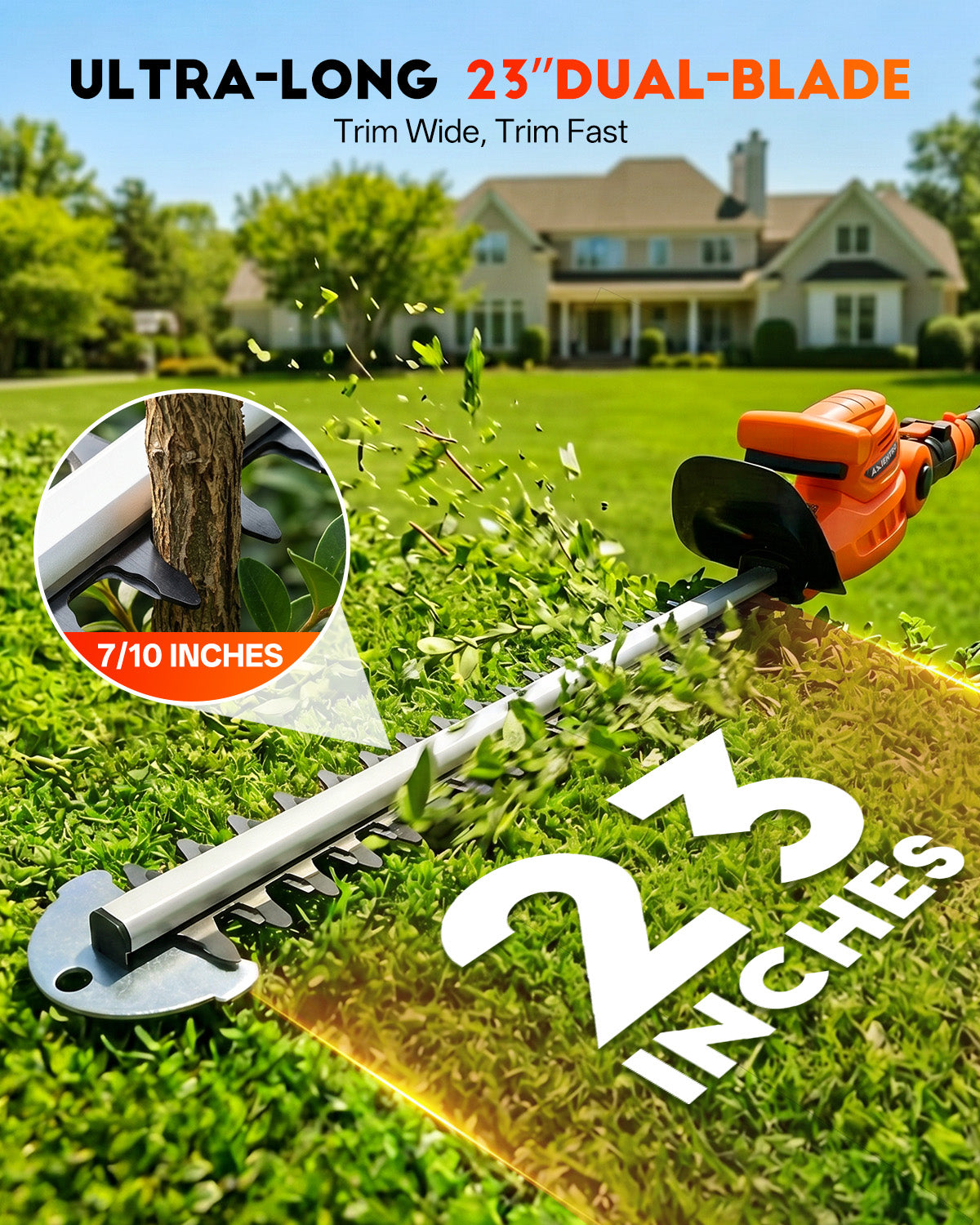 Axientro 23 in Cordless Pole Hedge Trimmer, 14ft Max Reach Extendable Electric Shrub Cutter with Dual 4.0Ah Batteries for Patio Shrubs & Trees