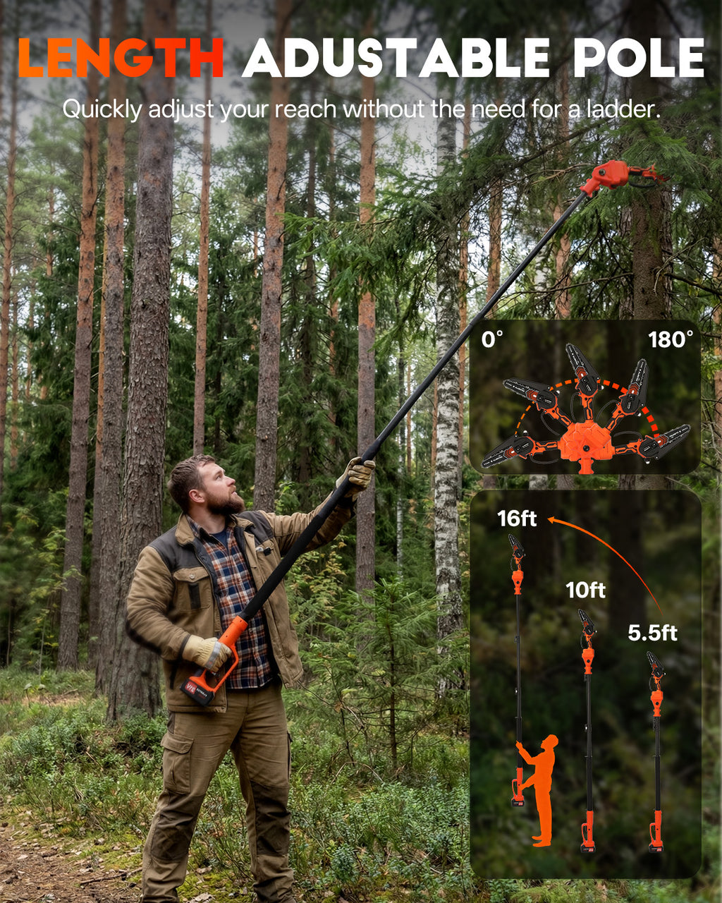 Axientro 2-in-1 Cordless Pole Saw, 6-Inch Brushless Mini Chainsaw with 16FT Extension Pole, 2 x 4.0Ah Battery & Charger, Electric Tree Trimmer for Branch, Wood Cutting