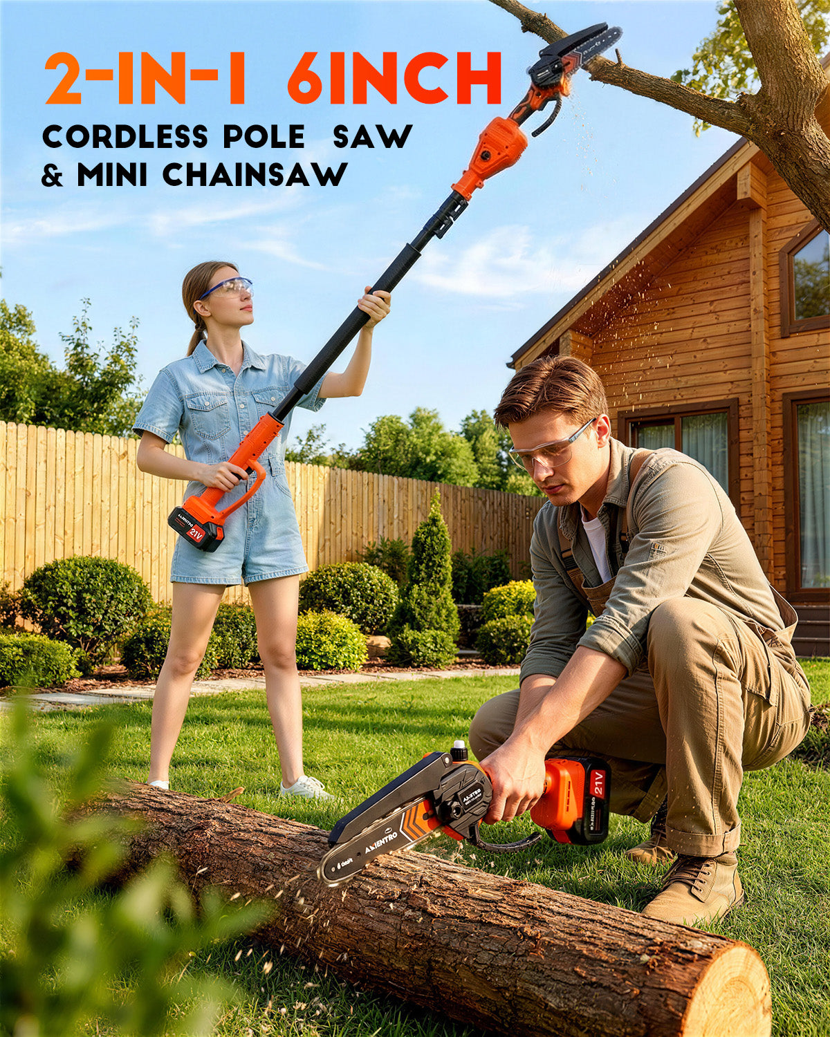 Axientro 2-in-1 Cordless Pole Saw, 6-Inch Brushless Mini Chainsaw with 16FT Extension Pole, 2 x 4.0Ah Battery & Charger, Electric Tree Trimmer for Branch, Wood Cutting
