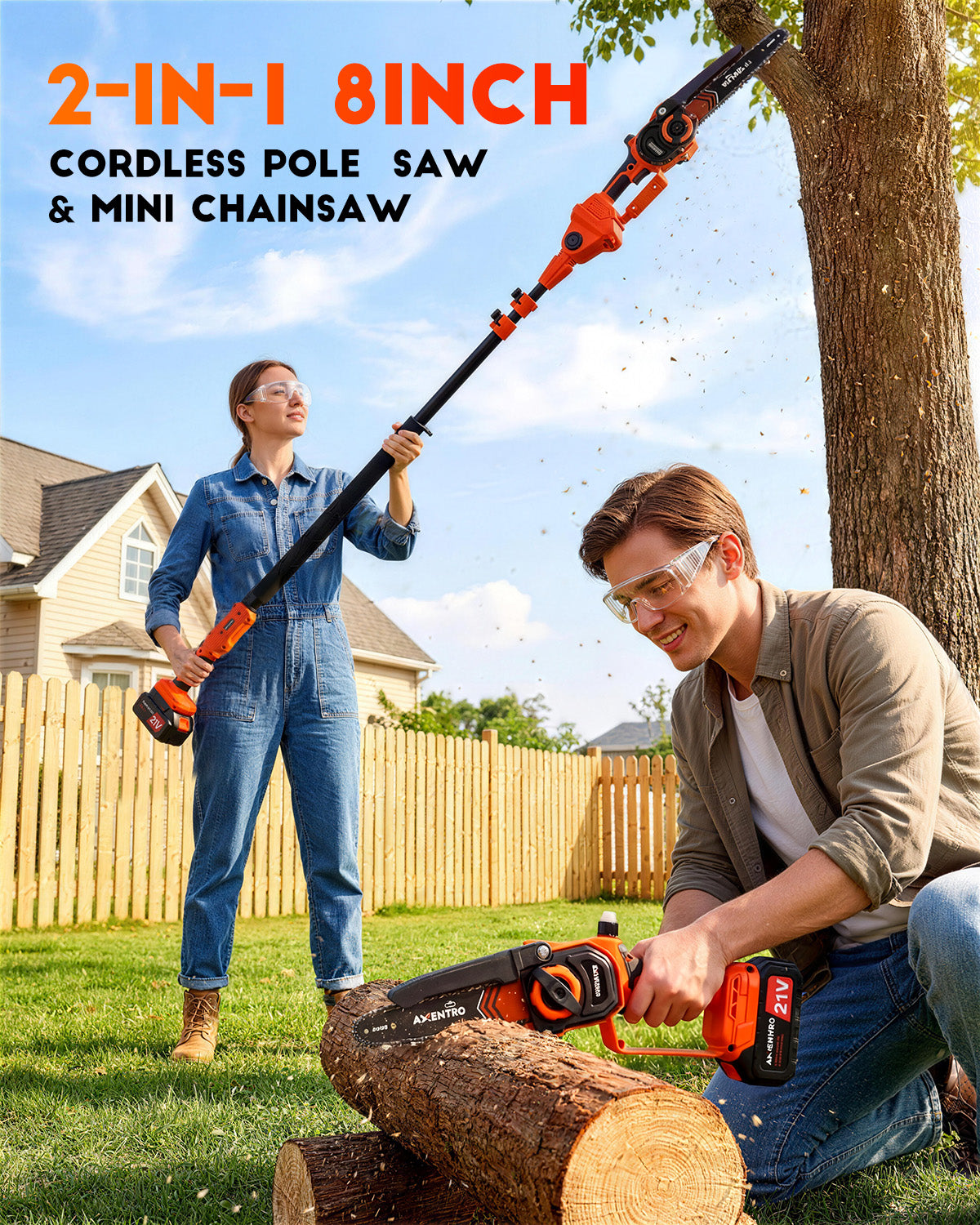 Axientro 2-in-1 Cordless Pole Saw & 8-inch Brushless Mini Chainsaw, Extendable Tree Trimmer with 16ft Max Reach, 2x 4.0Ah Batteries, Replacement Chain