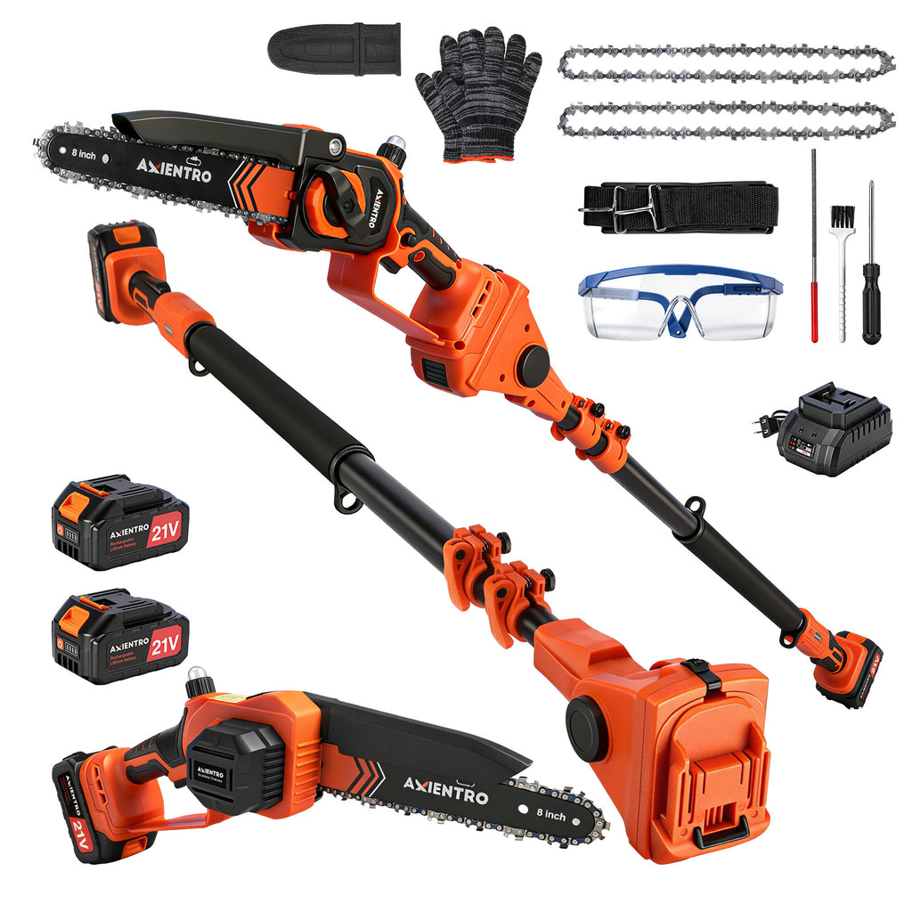Axientro 2-in-1 Cordless Pole Saw & 8-inch Brushless Mini Chainsaw, Extendable Tree Trimmer with 16ft Max Reach, 2x 4.0Ah Batteries, Replacement Chain