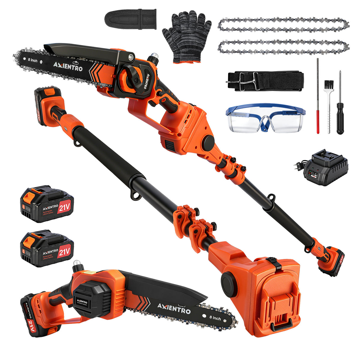 Axientro 2-in-1 Cordless Pole Saw & 8-inch Brushless Mini Chainsaw, Extendable Tree Trimmer with 16ft Max Reach, 2x 4.0Ah Batteries, Replacement Chain