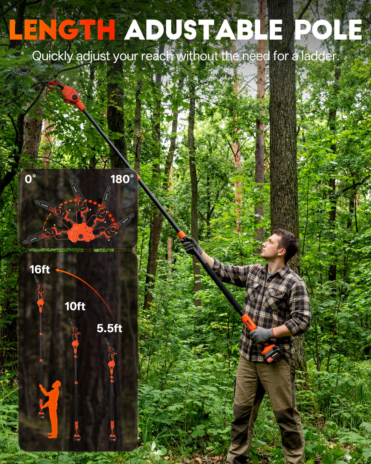 Axientro 2-in-1 Cordless Pole Saw & 8-inch Brushless Mini Chainsaw, Extendable Tree Trimmer with 16ft Max Reach, 2x 4.0Ah Batteries, Replacement Chain