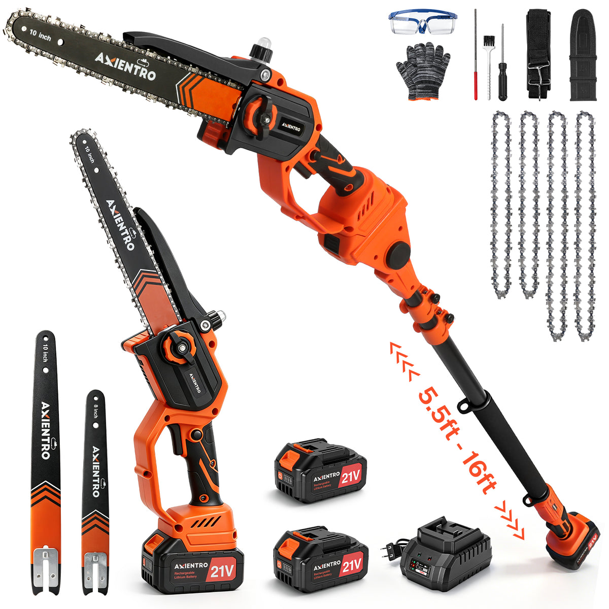 Axientro 3-in-1 Cordless Pole Saw with 8"/10" Brushless Mini Chainsaw, 16FT Extension Pole, 2 x 4.0Ah Battery & Charger, Tree Trimmer for Branch, Wood Cutting