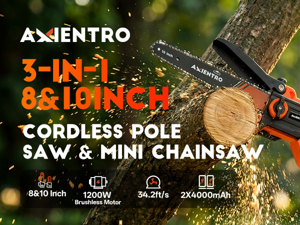 Axientro 3-in-1 Cordless Pole Saw with 8"/10" Brushless Mini Chainsaw, 16FT Extension Pole, 2 x 4.0Ah Battery & Charger, Tree Trimmer for Branch, Wood Cutting
