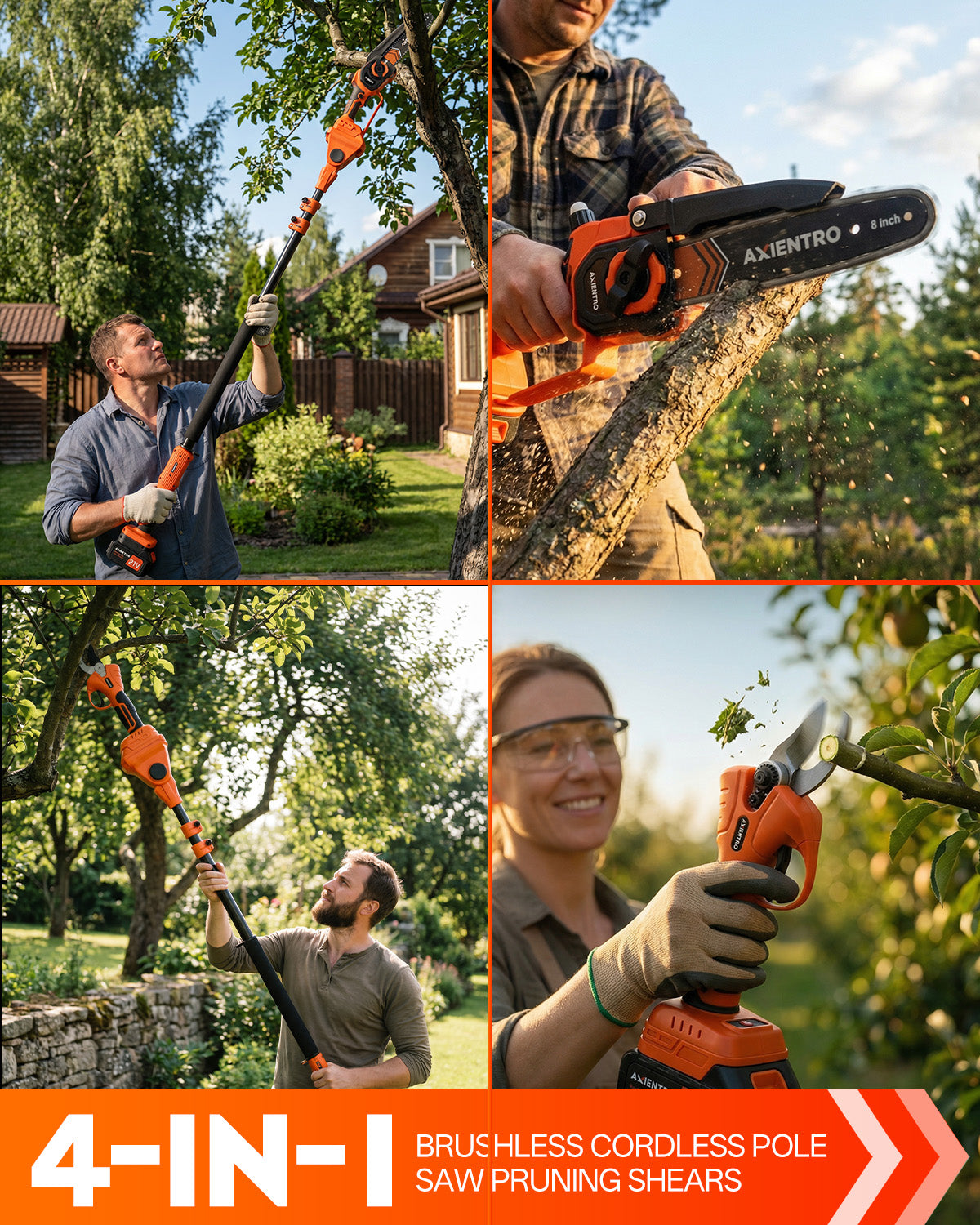 Axientro 4-in-1 Cordless Pole Saw & Electric Pruning Shears Combo, 880W Brushless Tree Trimmer, 16FT Reach with Two 4.0Ah Batteries
