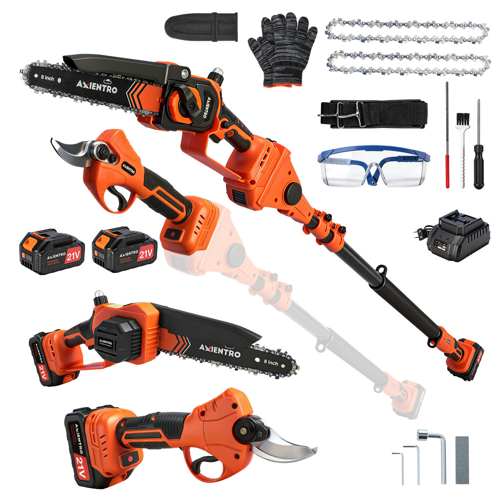 Axientro 4-in-1 Cordless Pole Saw & Electric Pruning Shears Combo, 880W Brushless Tree Trimmer, 16FT Reach with Two 4.0Ah Batteries