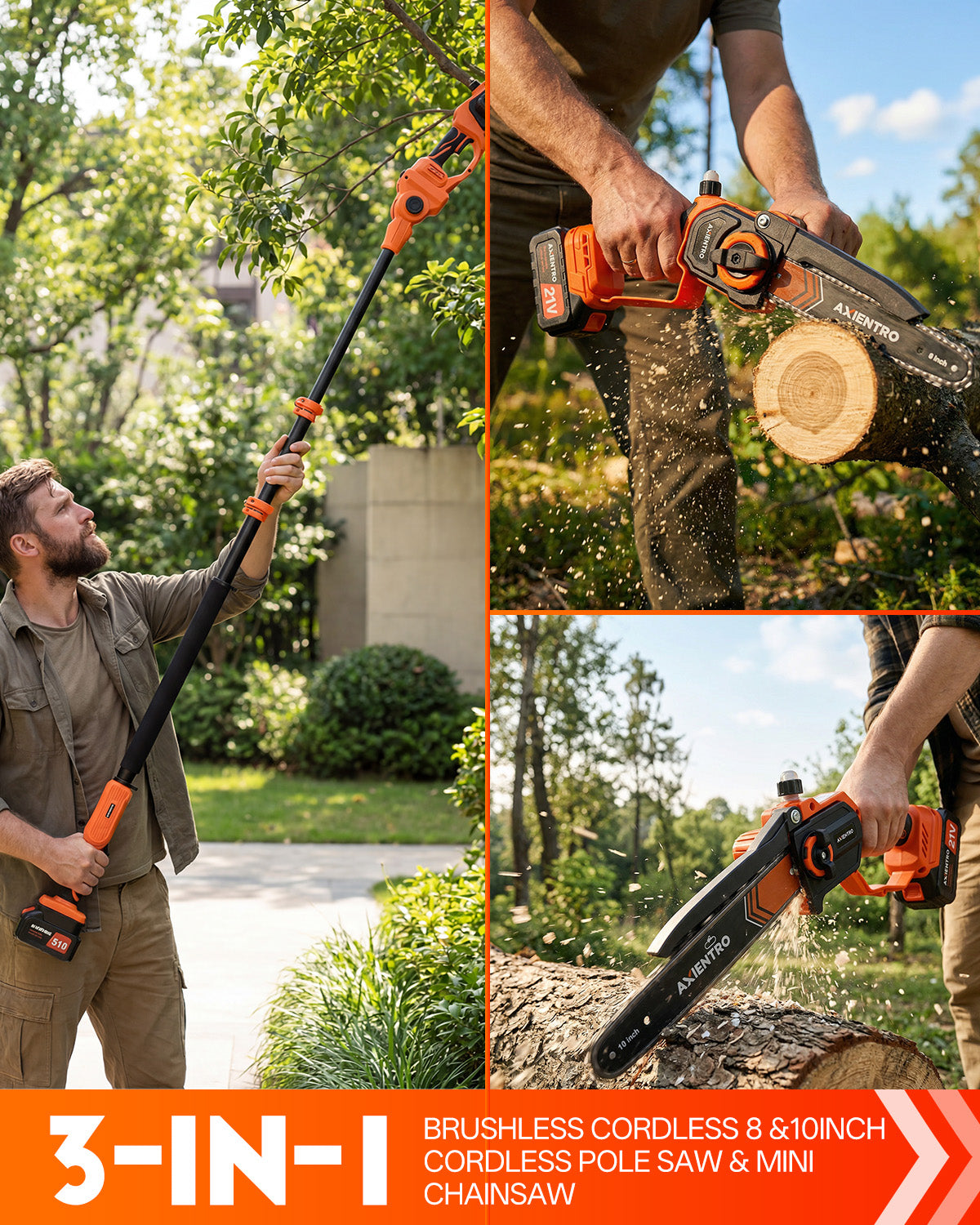 Axientro 4-in-1 Cordless Pole Saw & Electric Pruning Shears Combo, 880W Brushless Tree Trimmer, 16FT Reach with Two 4.0Ah Batteries