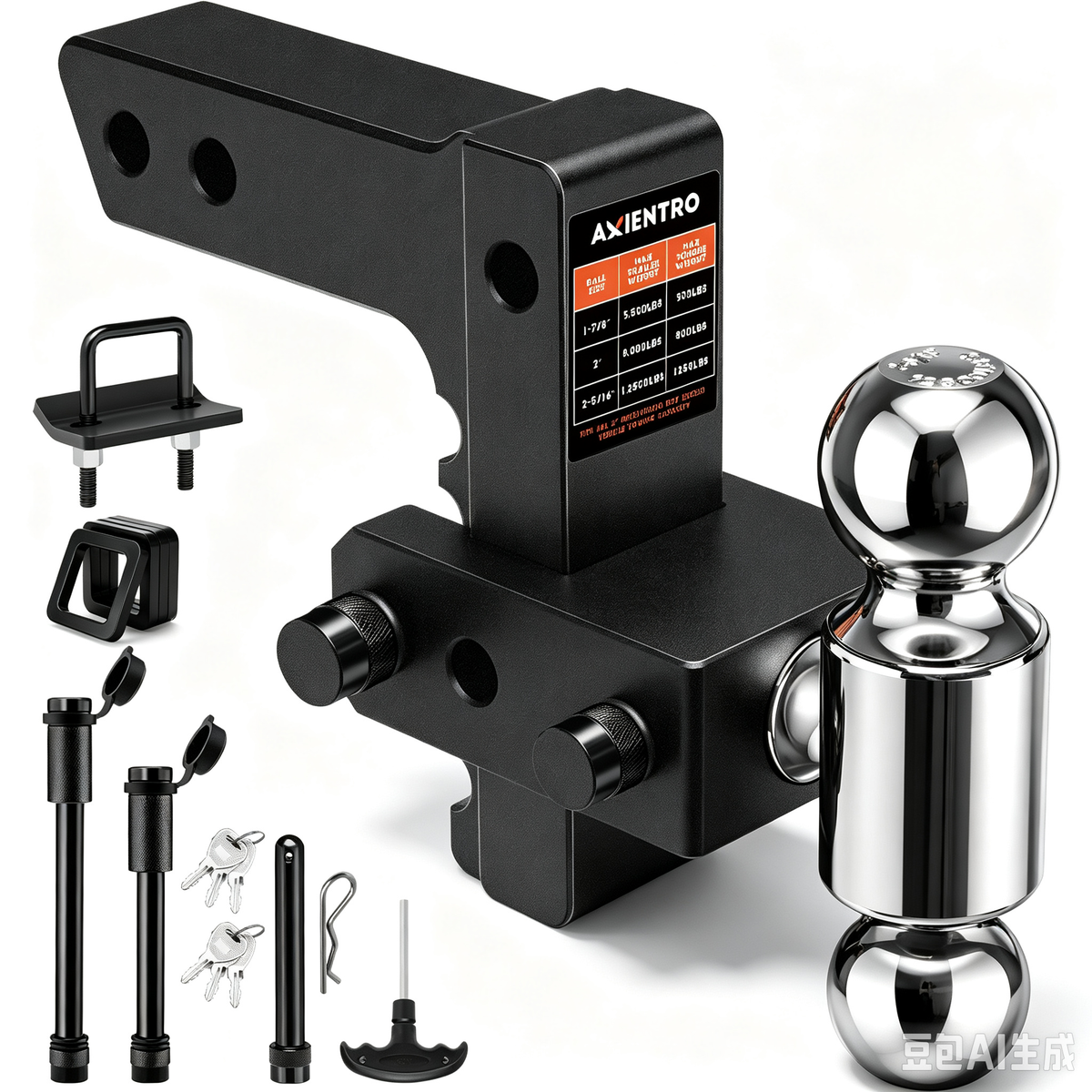 Axientro Adjustable Trailer Hitch Fits 2" Receiver, 6 inch Drop Rise Ball Mount, Dual Balls Tow Hitch, 12,500 LBS GTW, Anti-theft Lock Pin for Truck