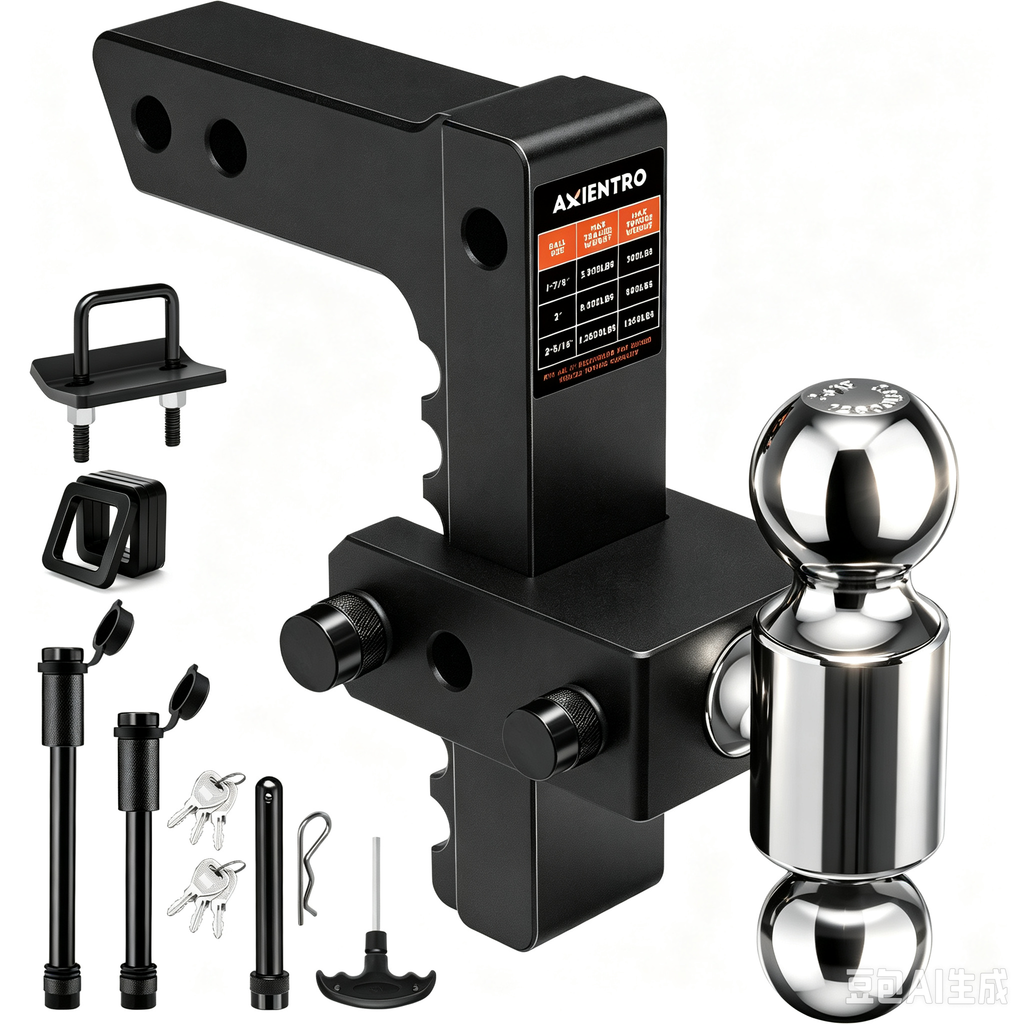Axientro Adjustable Trailer Hitch Fits 2" Receiver, 8 inch Drop Rise Ball Mount, Dual Balls Tow Hitch, 12,500 LBS GTW, Anti-theft Lock Pin for Truck
