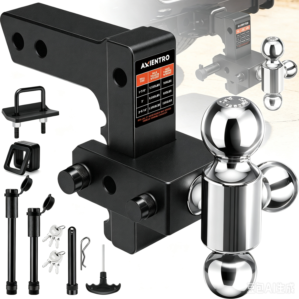Axientro Adjustable Trailer Hitch Tri-Ball Mount Fits 2" Receiver, Triple Aluminum Balls, 6 inch Drop Rise Tow Hitch, 12,500 LBS GTW, Anti-theft Lock Pin