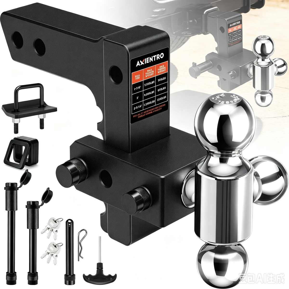 Axientro Adjustable Trailer Hitch Tri-Ball Mount Fits 2" Receiver, Triple Aluminum Balls, 6 inch Drop Rise Tow Hitch, 12,500 LBS GTW, Anti-theft Lock Pin